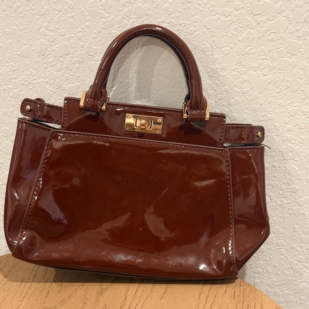 Crossi Patent‎ Brown Top-Handle Satchel with Gold Hardware